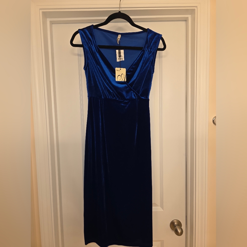 Amelia NY Blue Velvet Midi Dress Size XS